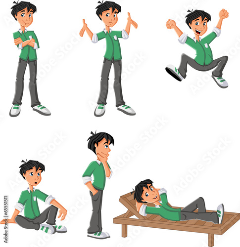 Cartoon boy with green shirt on different poses