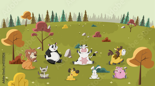 Group of happy cartoon animals pet on green park