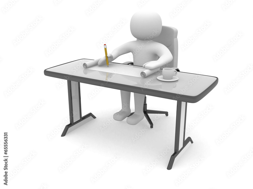 Fototapeta premium 3d man working on a plan and a cup of coffee - 3d render
