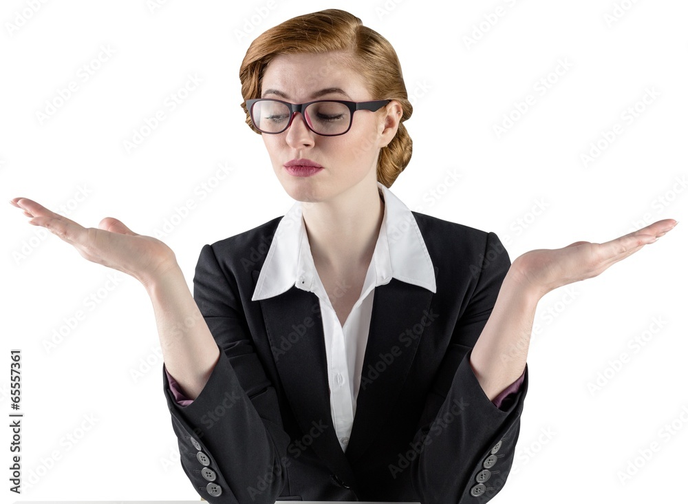 Businesswoman holding hands out in presentation Businesswoman holding hands out in presentation