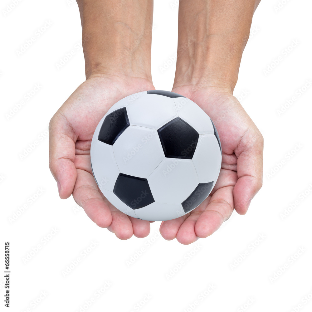 Soccer ball on hands isolated on white background Soccer ball on hands isolated on white background
