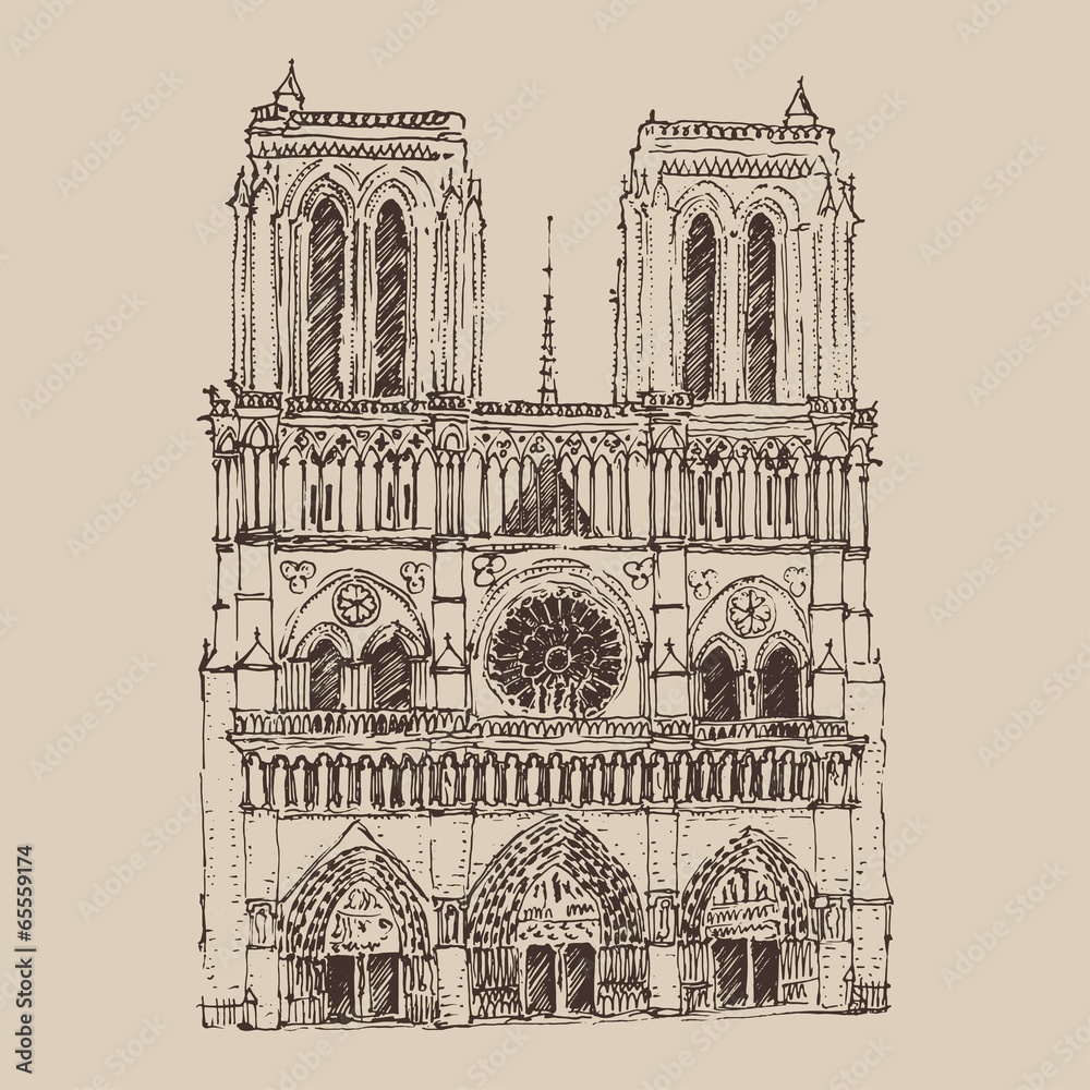 Cathedral of Notre Dame de Paris engraved illustration