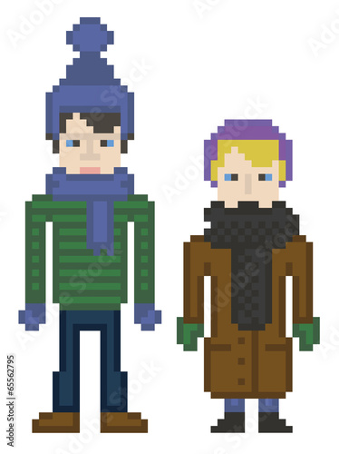 vector illustration - pixel art style drawing boy and girl in wi