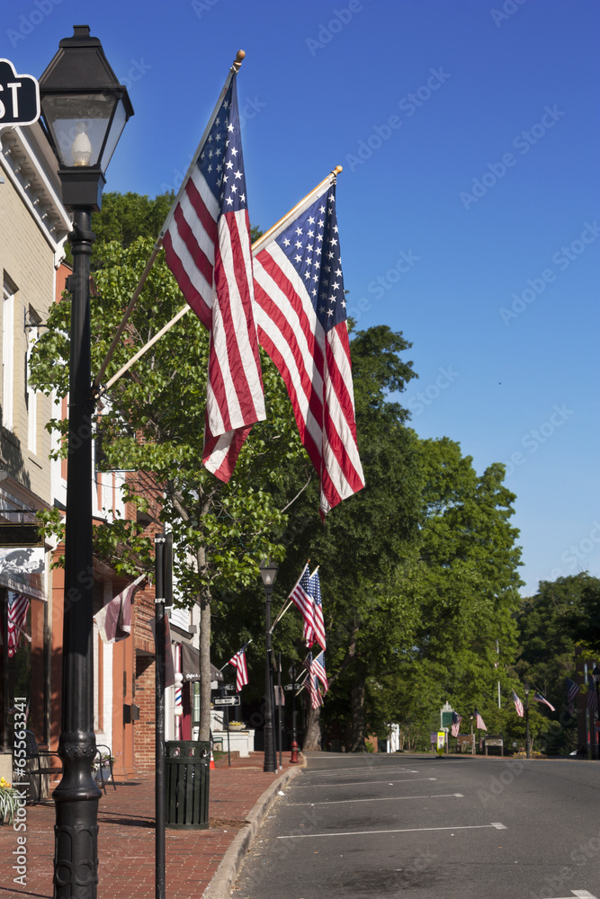 Warrenton street decorated with flags