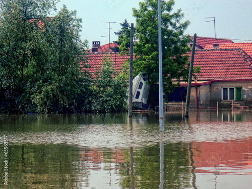 OBRENOVAC, SERBIA - MAY 24: Flood House, boat in Obrenovac photo