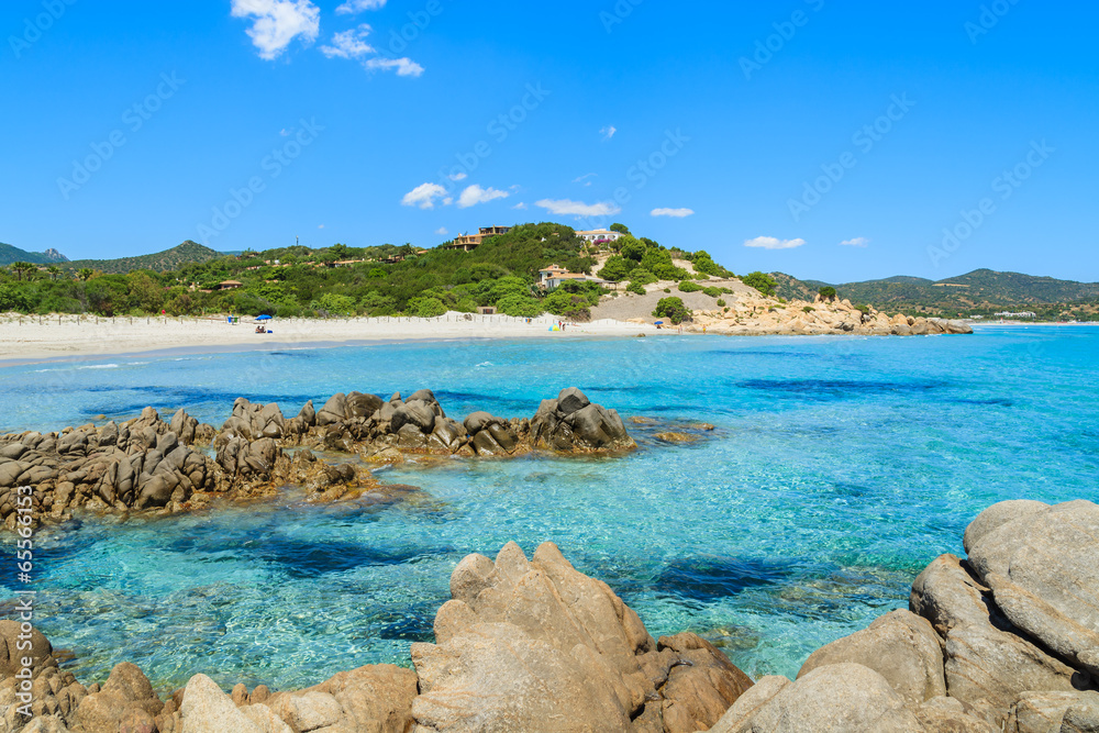 Rocks and azure sea water of Porto Giunco beach, Sardinia, Italy