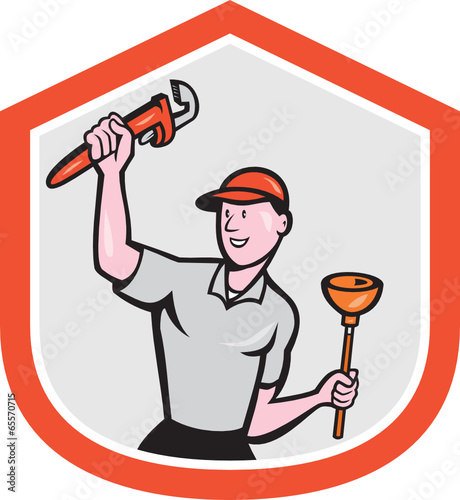 Plumber Wielding Wrench Plunger Cartoon
