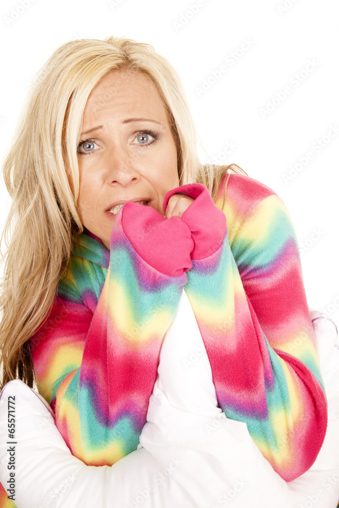 woman blond color pajamas pillow sit scared face woman blond color pajamas pillow sit scared face