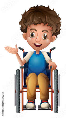 A happy man riding on a wheelchair