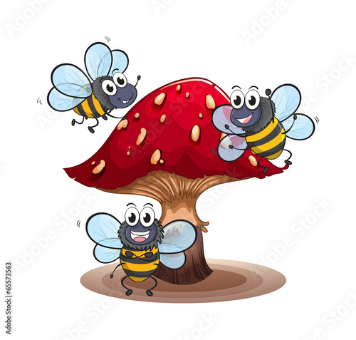 A big mushroom with smiling bees