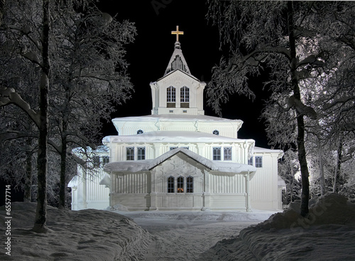 Gallivare church in winter night, Sweden photo