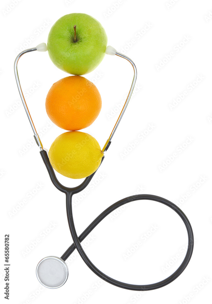 Stethoscope with fresh fruits isolated on white Stethoscope with fresh fruits isolated on white