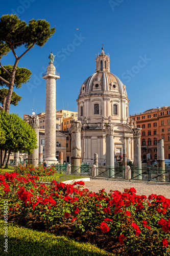 Trajan's Column with church in Rome, Italy