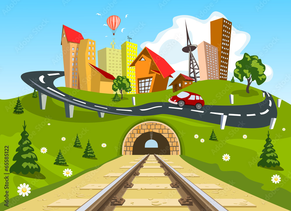 Obraz premium Railroad tracks through landscape to the city