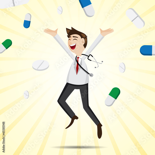 cartoon happiness doctor jumping with medicine pills
