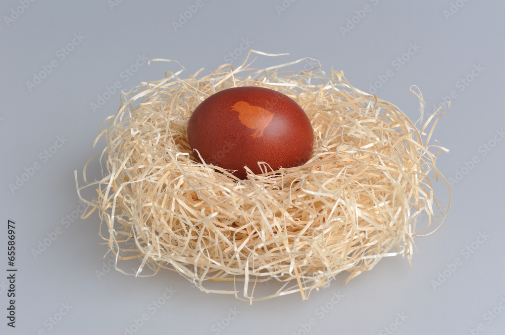 Easter decorated egg in nest on gray Easter decorated egg in nest on gray