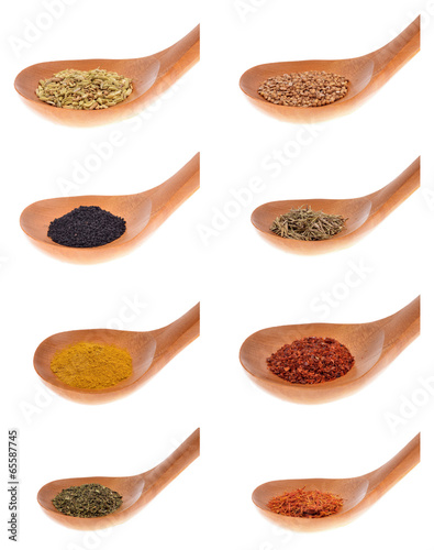 Collection spices on a wooden spoon. isolated