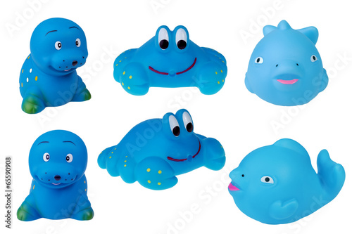 three isolated light blue bathroom toys in different views