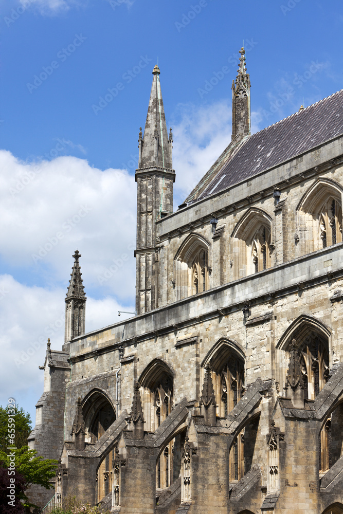 South facade and spires of Winchester Cathedral