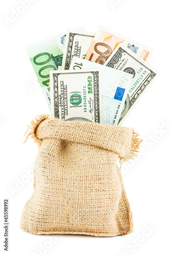 Money dollars and euros in the linen bag