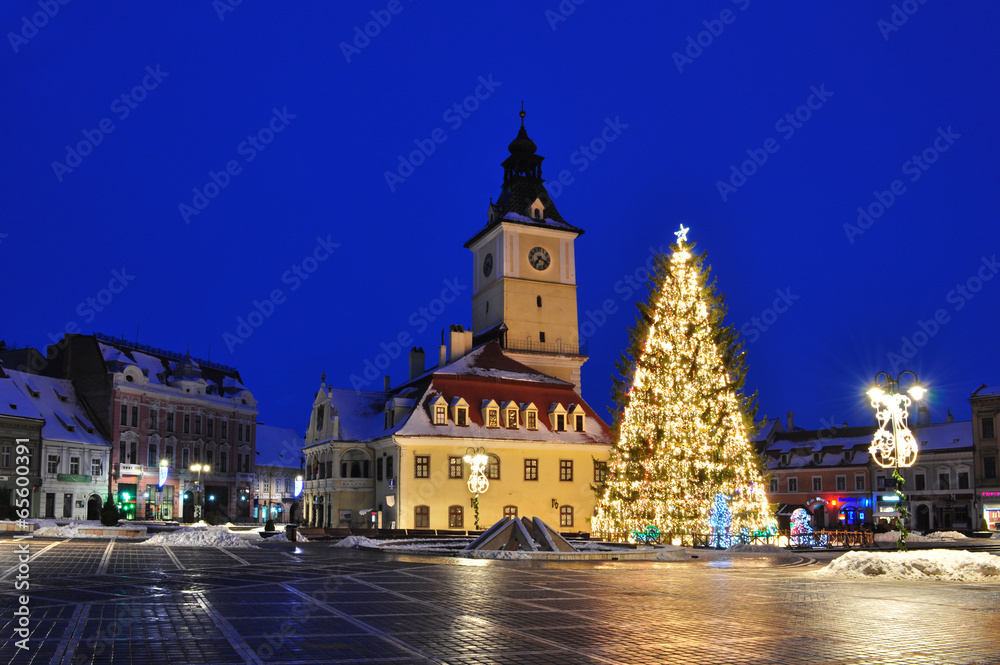Brasov Town Hall with christmas tree, Transyvania, Brasov
