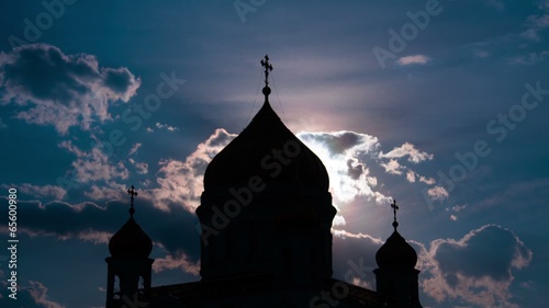 Sunset against the Cathedral of Christ the Saviour, Moscow, Russ