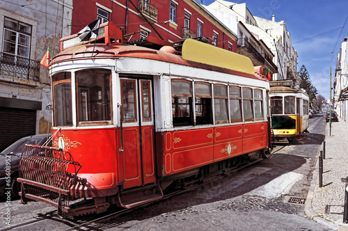 typical old trams in Lisbon, Portugal