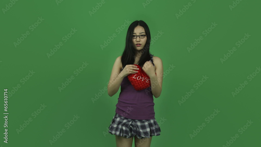 Asian student girl isolated greenscreen green background worried Asian student girl isolated greenscreen green background worried