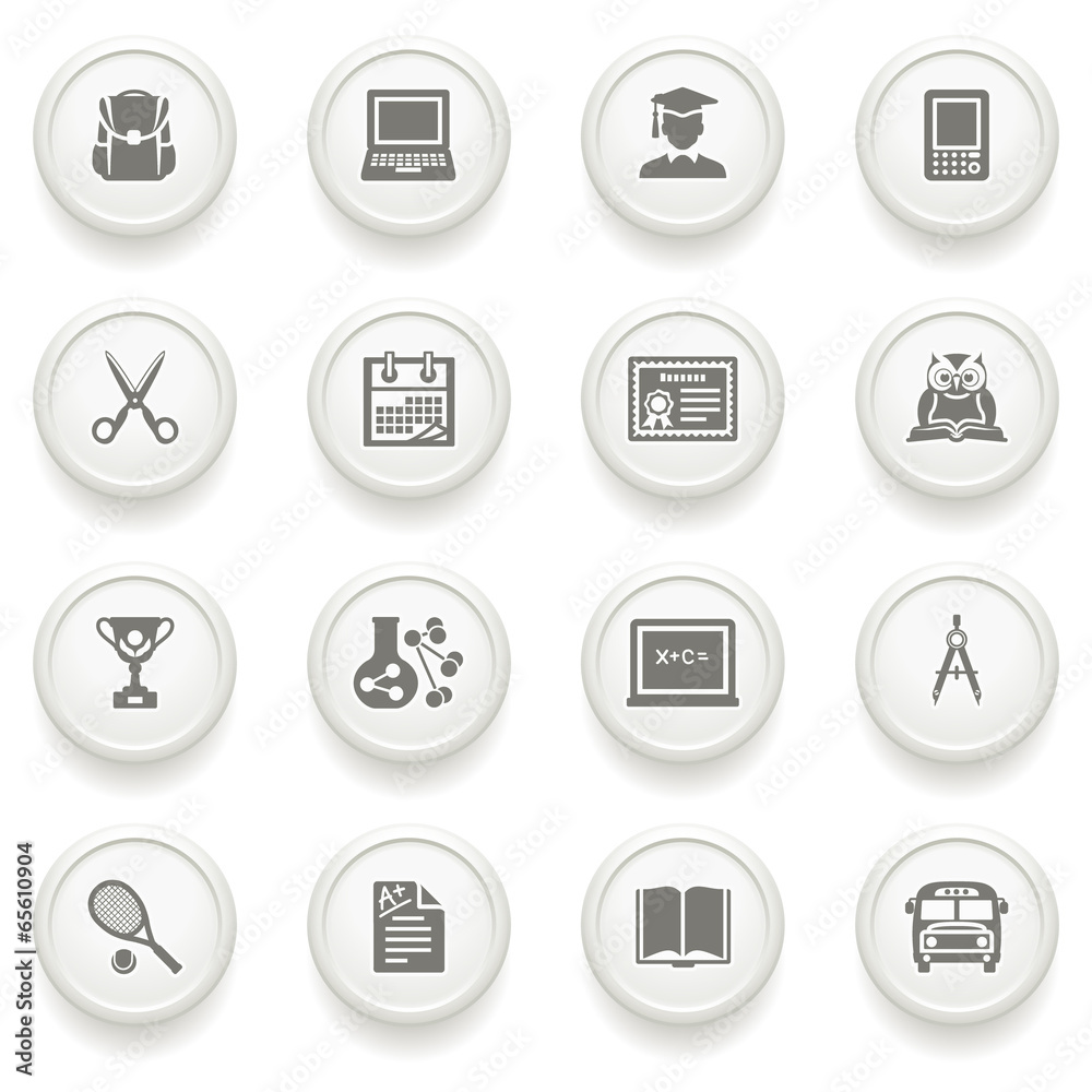Education icons on gray buttons.