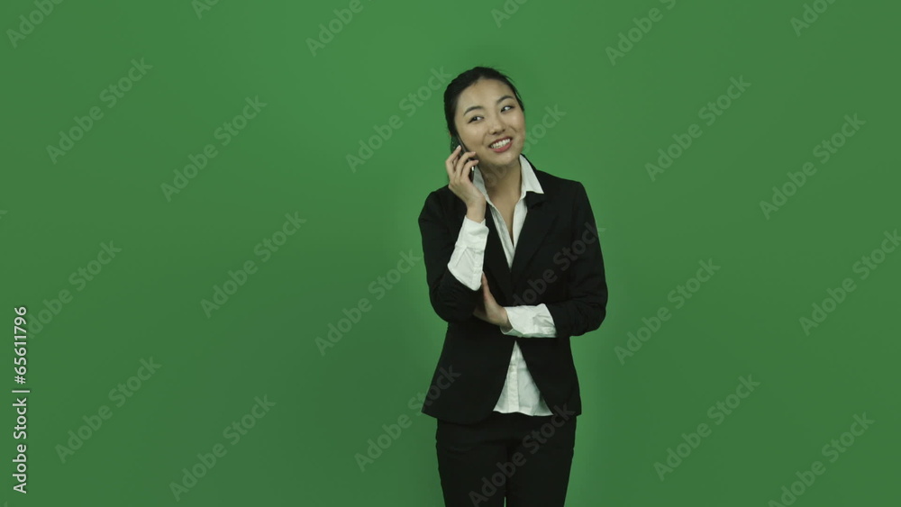Asian business woman isolated greenscreen green background happy