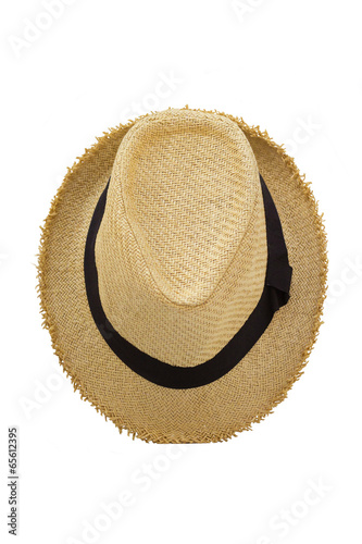 Top view of antique straw hat on white background