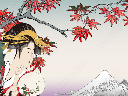 歌麿 美人画と広重 紅葉手古那のイメージイラスト