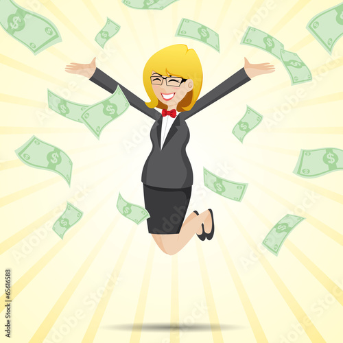 cartoon happy businesswoman jumping with money cash