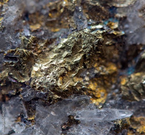 Crystal,nugget, gold, bronze, copper, iron. Macro. Extreme close