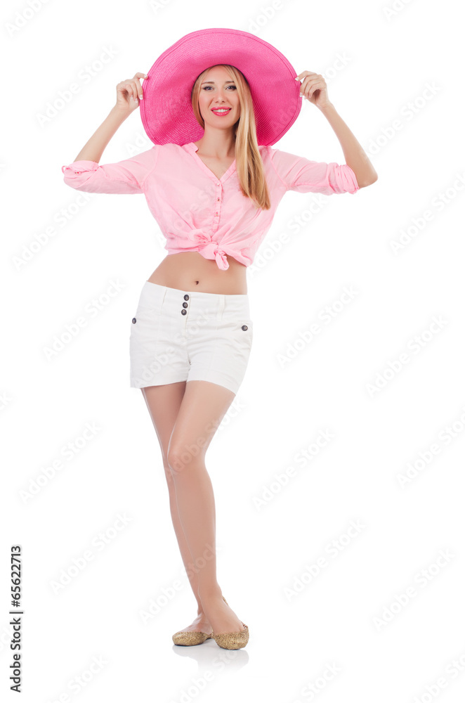 Young dancing model in panama hat isolated on white