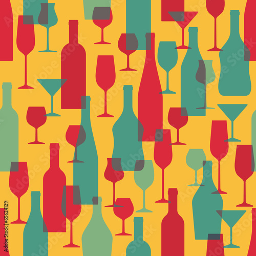 Background with Wine Bottles and Glasses - Seamless Pattern