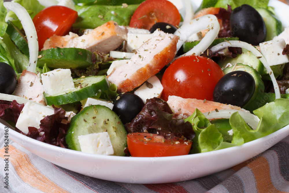 healthy salad of fresh vegetables with chicken. macro.