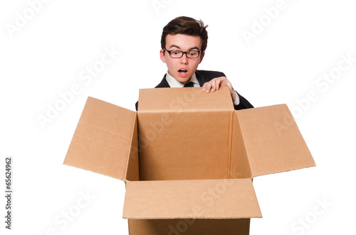 Funny man with boxes isolated on white