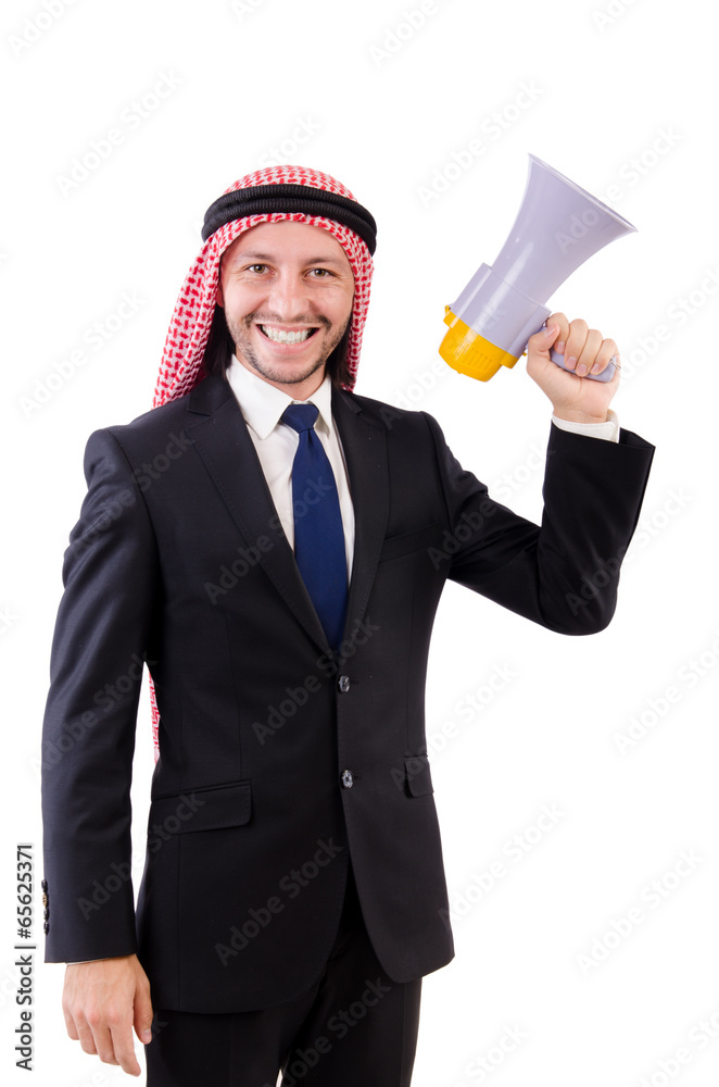 Arab yelling with loudspeaker isolated on white Arab yelling with loudspeaker isolated on white