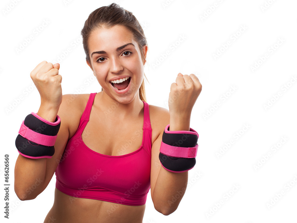 pretty young woman doing excercise with weights isolated on whit pretty young woman doing excercise with weights isolated on whit