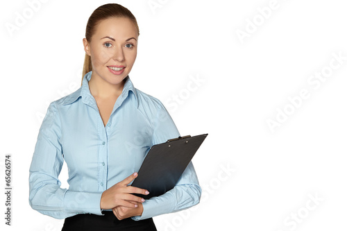 Full length of smiling woman making notes