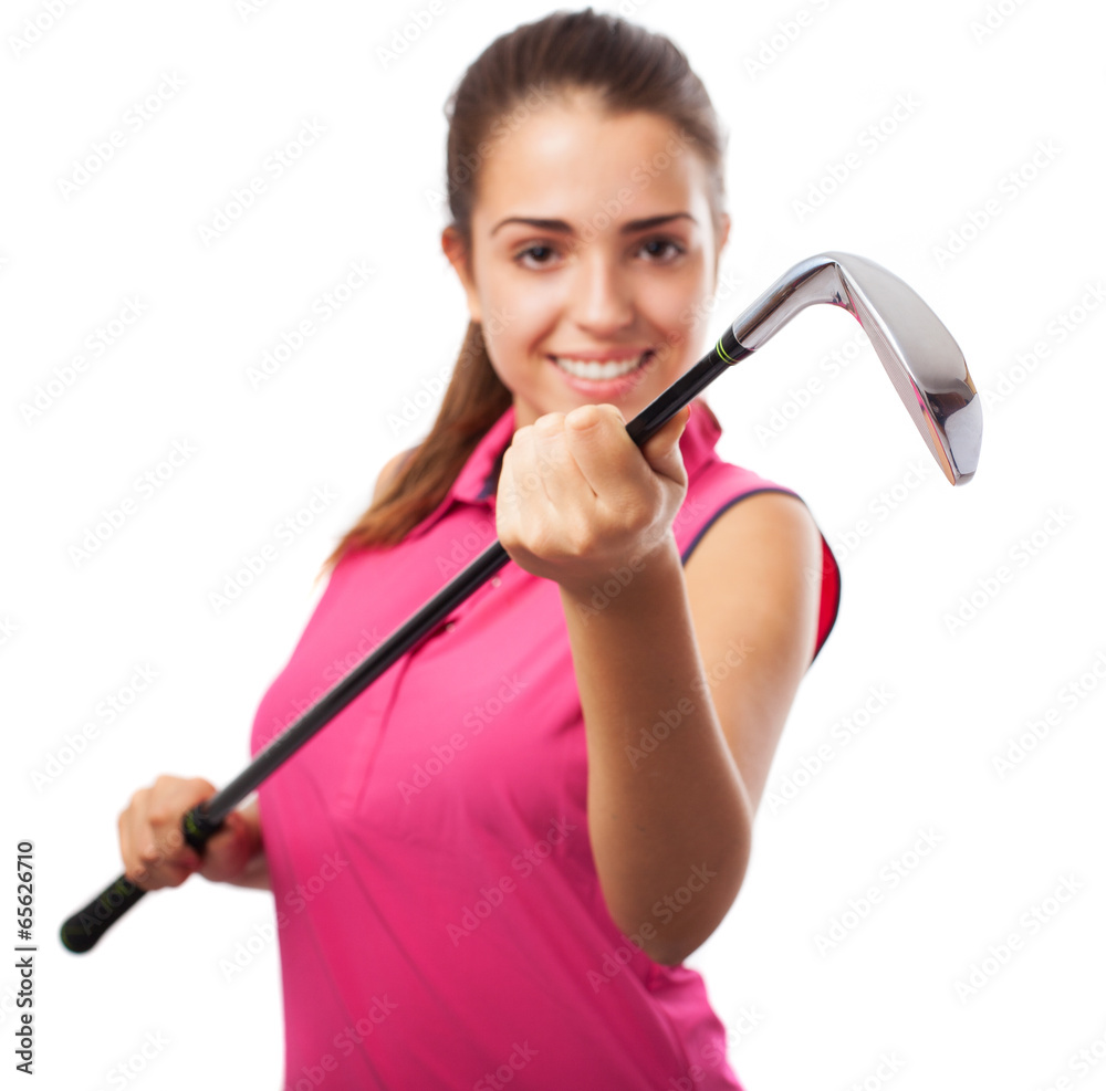 pretty woman holding a golf club isolated on white background pretty woman holding a golf club isolated on white background