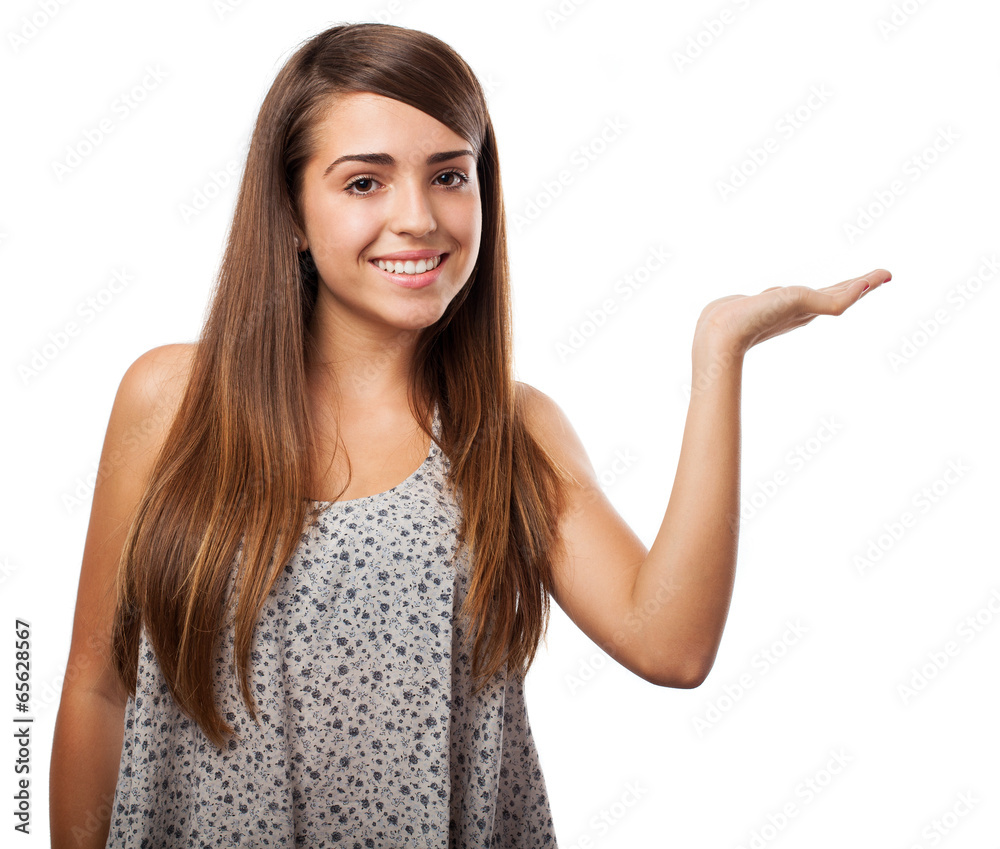 young woman presenting a product isolated on white young woman presenting a product isolated on white