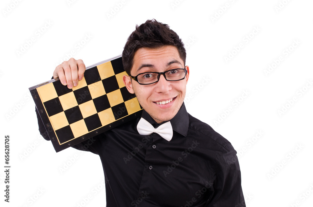 Funny chess player isolated on white