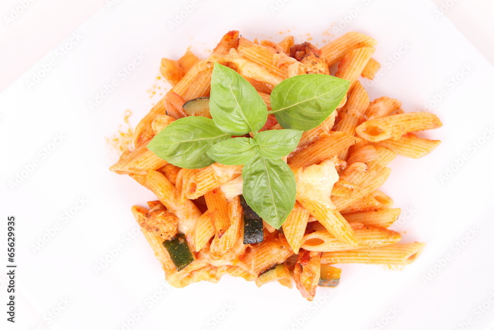 Casserole: penne, chicken, cheese, courgette, basil Casserole: penne, chicken, cheese, courgette, basil