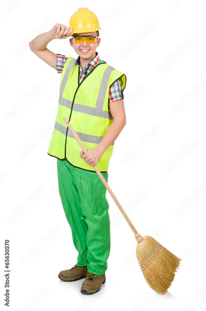 Funny janitor with broom isolated on white Funny janitor with broom isolated on white