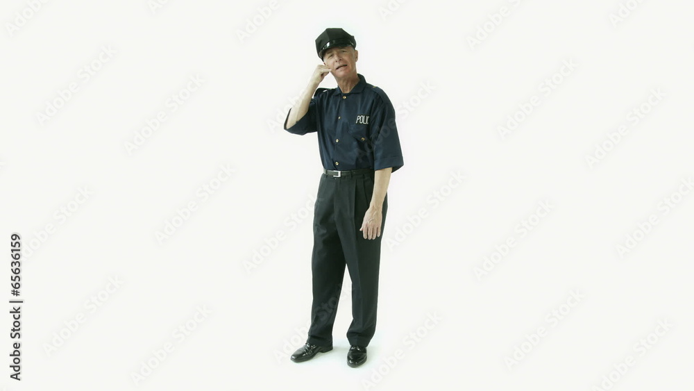 Senior caucasian policeman isolated on white call me hand sign Senior caucasian policeman isolated on white call me hand sign