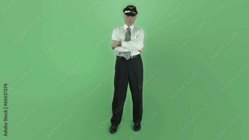 Senior caucasian airplane pilot isolated on green screen