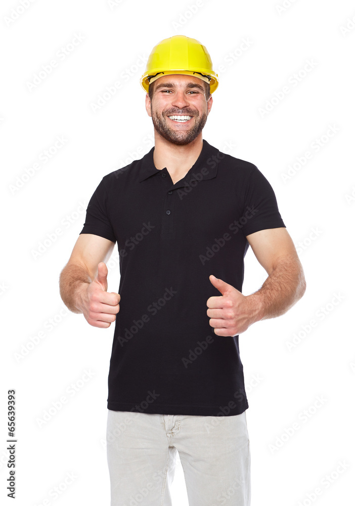 Portrait of smiling worker in a black polo shirt