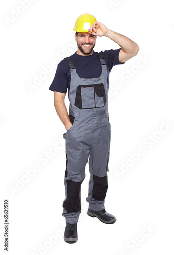 Portrait of smiling worker in gray uniform